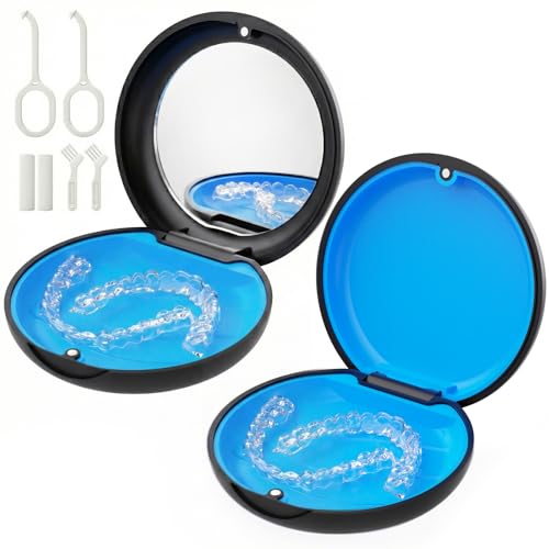 2 Pack Retainer Case (1 with Mirror + 1 Standard), Portable Travel Accessory Kit - Black - color: 2 Pack - 1 with Mirror + 1 Basic