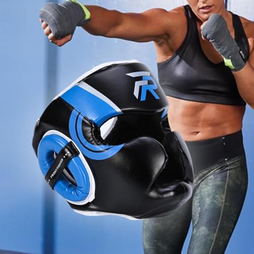 Boxing Headgear Forehead and Ear Protection Thickened Gear Full Face Protection for Training Muay Thai Men Women - color: Blue Large
