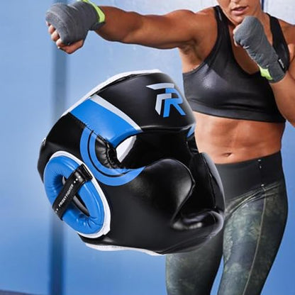 Boxing Headgear Face Cover Forehead and Ear Protection Full Face Protection for Sparring Karate Taekwondo Training Men Women - color: Blue Large