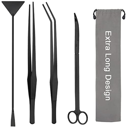 15" Aquarium Aquascape Tools Kit 4P Stainless Steel Aquascaping Set | 4in1 Extra Long Full Metal Design, Scissors, 2P Tweezers And Sand Spatula, For Trimming Plants, Arranging Sand And Aquascape - color: Black