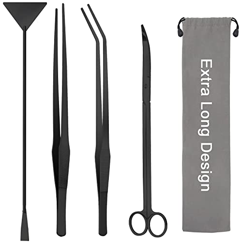 15" Aquarium Aquascape Tools Kit 4P Stainless Steel Aquascaping Set | 4in1 Extra Long Full Metal Design, Scissors, 2P Tweezers And Sand Spatula, For Trimming Plants, Arranging Sand And Aquascape - color: Black