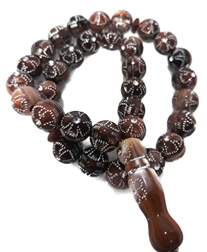 Muslim Tasbih 33 Prayer Bead Rosary AMN-312 Islam Praying Misbaha Beautiful Design 10 mm. Islamic Religion Subha Sibha Eid Ramadan Gift (Coffee) - color: Coffee