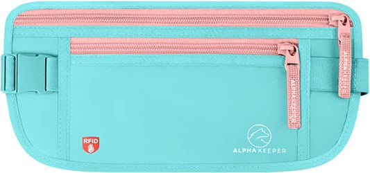 Alpha Keeper Money Belt for Travel Hidden Under Clothes – RFID Blocking Passport Holder & Slim Waist Wallet Pouch for Women & Men, Anti-Theft Travel Accessories - color: Azure Pink