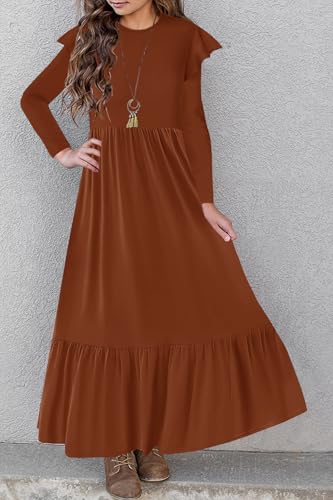 HOSIKA Girls Fall Ruffle Long Sleeve Crew Neck Loose Casual Flowy Tiered Maxi Dress with Pockets for 6-12 Y - color: Brown, size: 6 Years