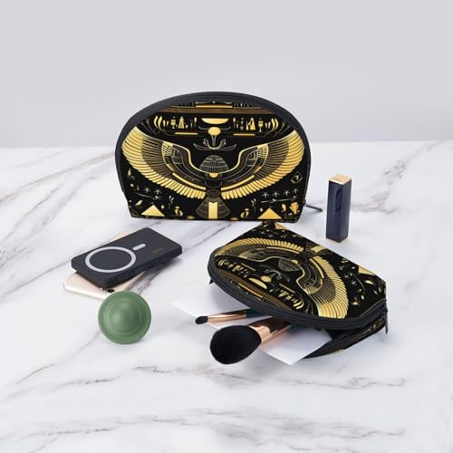 Egyptian Hieroglyphics 2-Piece Shell Makeup Bag Set, Large Capacity Travel Cosmetic Bag For Women With Zipper, Waterproof Polyester Toiletry Organizer Pouch For Purse, Travel, Gym & Daily Use - color: Egyptian Hieroglyphics1
