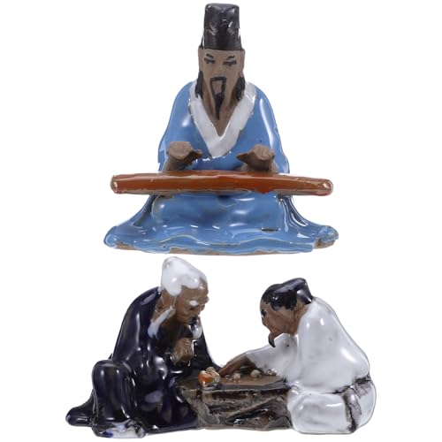 Miniature Bonsai Ornaments 2Pcs Aquarium Ceramic Figures with Chinese Chess and Music Theme Fish Tank Ornaments for Desktop Home Bonsai Decor Garden Landscape 3.74 X 2.16 X 1.57 in
