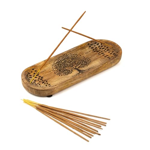 Incense Holder for Sticks Hand Carved - Tree of Life - Incense Burner/Ash Catcher- Handmade Wooden Insence Tray – Modern Gift Home/Room/Kitchen Décor 11x4x1.5 Inch - style: LIFE TREE BROWN