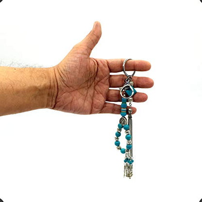 Keychain & Rosary Collection -Car Key Chain-Handbags Holder - color: (10 Mm-turquoise & Metal Beads)