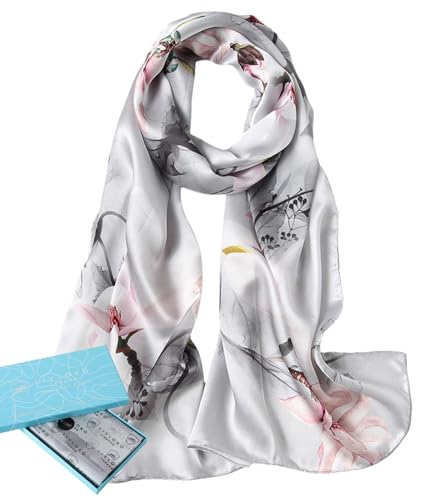 LONDON Women’s Satin Silky Scarf Gift Box Large Lightweight Silky Smooth Shawl Wrap for Hair, Head, Neck or Hijab - color: Silver Floral - Box