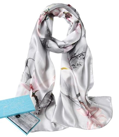 LONDON Women’s Satin Silky Scarf Gift Box Large Lightweight Silky Smooth Shawl Wrap for Hair, Head, Neck or Hijab - color: Silver Floral - Box
