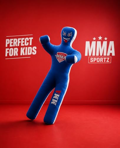 Kids Grappling Standing Dummy - Unfilled – Wrestling, Jiu-Jitsu, MMA Training Dummy with Moveable Arms and Legs – Durable Polyester Fabric - color: Blue-Stand, size: 4 ft-49 Inch