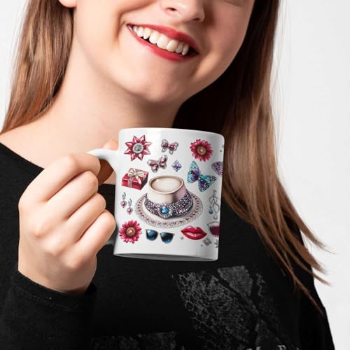 Customized Name White Coffee Mug, Personalized Women's Day Ceramic Cup, Sparkling Hat With Sunflowers And Butterflies Mug, Custom Full Wrap Mug 11oz 15oz, Gift For Women On Holiday - color: XUA-1124-3662-Women's Day Mug