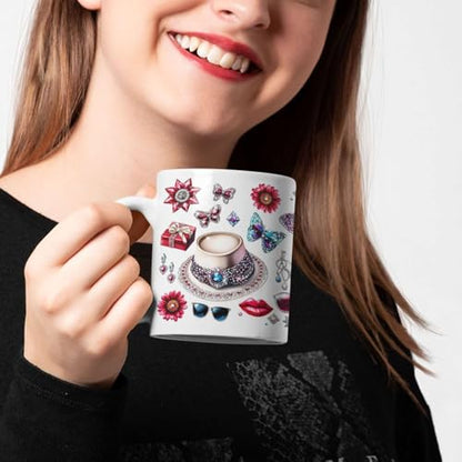 Customized Name White Coffee Mug, Personalized Women's Day Ceramic Cup, Sparkling Hat With Sunflowers And Butterflies Mug, Custom Full Wrap Mug 11oz 15oz, Gift For Women On Holiday - color: XUA-1124-3662-Women's Day Mug
