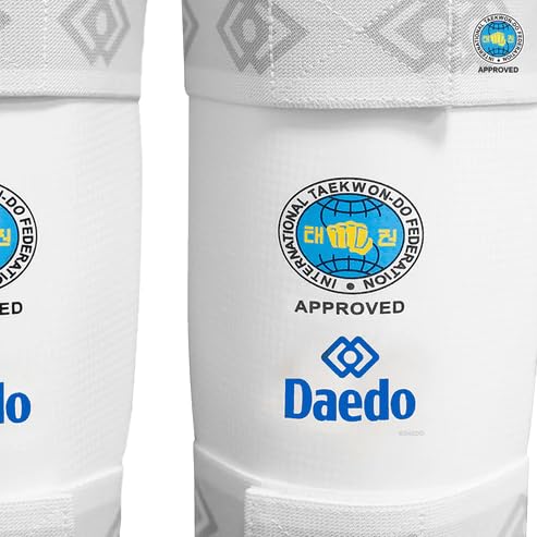 Daedo ITF Approved White Shin Guards – Martial Arts Leg Protectors – Lightweight Guards with Straps for Training - size: Medium