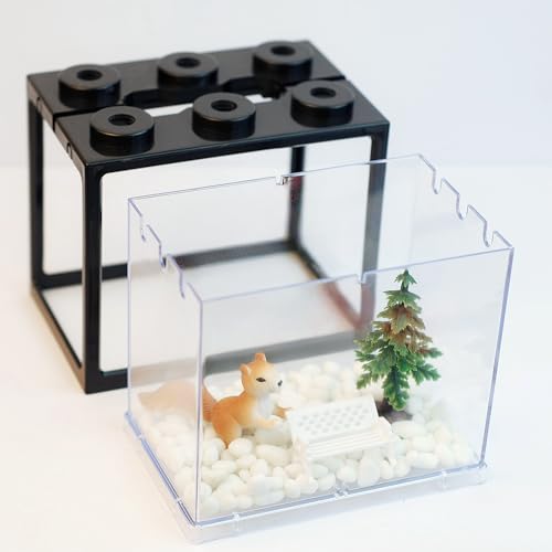 Small Sea Monkey Tank, Stackable Mini Betta Fish Tank Tinny Aquarium Kit with Aquarium Gravel, Moss Ball Tank Shrimp Tank 0.27 Gallon Acrylic Cube Fish Bowl for Shrimp Snails - color: Black