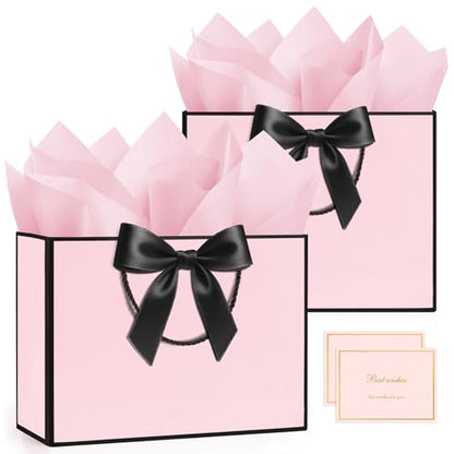 ANZNKU 2PCS Pink Gift Bags with Handles, Medium Gift Bags for Women with 4 Tissue Paper 2 Ribbons 2 Cards, Cute Present Bag for Wedding Birthday Graduation Engagement Bridal Baby Shower Party Favors - color: Blush Pink