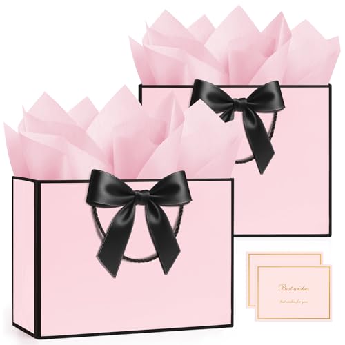 ANZNKU 2PCS Pink Gift Bags with Handles, Medium Gift Bags for Women with 4 Tissue Paper 2 Ribbons 2 Cards, Cute Present Bag for Wedding Birthday Graduation Engagement Bridal Baby Shower Party Favors - color: Blush Pink