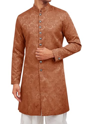 Runcati Mens Kurta Sherwani Coats Kaftan Indian Ethnic Royal Textured Suits - color: Flower- Brown, size: X-Large