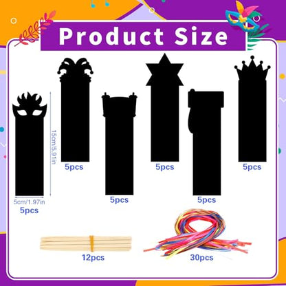 JUNEBRUSHS 30Pcs Purim Scratch Bookmarks, Rainbow Magic Scratch Paper Art Purim DIY Craft Kit for Students Classroom Activity Party Supplies - style: Purim Style