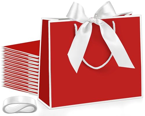 Silkfly 12 Pcs Paper Gift Bags with Handles & Bow Ribbon, Dark Red, White - color: Dark Red, White