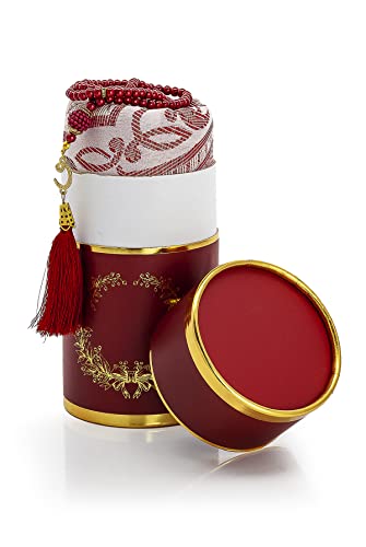 ihvan online Muslim Prayer Rug and Prayer Beads with Elegant Design Cylinder Gift Box, Janamaz, Soft Sajadah, Islamic Gifts Set, Portable Prayers Carpet Mat, Taffeta Fabric, Burgundy - color: Burgundy
