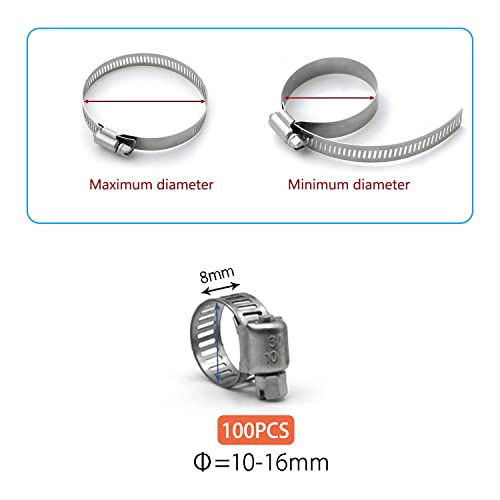 Hose Clamp, 100 Pack Stainless Steel Hose Clamps Worm Gear Fuel Line Pipe Clamps, 10-16mm (1/2 inch) - size: 10-16mm (1/2inch)