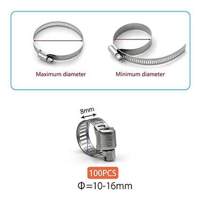 Hose Clamp, 100 Pack Stainless Steel Hose Clamps Worm Gear Fuel Line Pipe Clamps, 10-16mm (1/2 inch) - size: 10-16mm (1/2inch)
