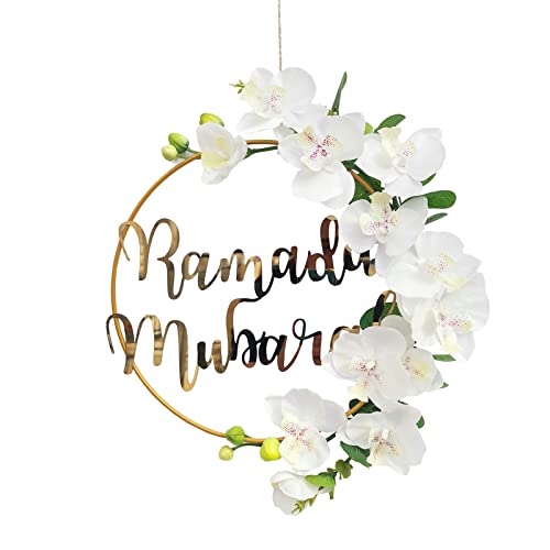 Ramadan Mubarak Wreaths Decorations, Artificial White Phalaenopsis Metal Hoop Floral Wreath, Eid Mubarak Garland Decor, for Farmhouse Door Wall Window Indoors Outdoor - color: Green,white