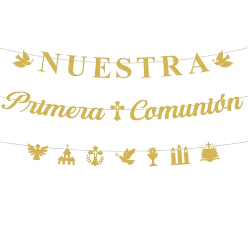 EUOYUFO First Communion Party Decorations Include 3pcs Glitter Nuestra Primera Comunión Banners First Holy Communion Baptism Theme Christening God Bless Decor Supplies - color: Nuestra Primera Comunión