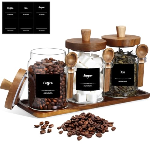 3 Pcs Glass Coffee Container with Wooden Lid Spoon Shelf Labels Clear Airtight Jar Food Storage Canister Set for Sugar Spice Coffee Bean Holder Housewarming Gift(20 oz,Acacia Brown) - size: 20 oz