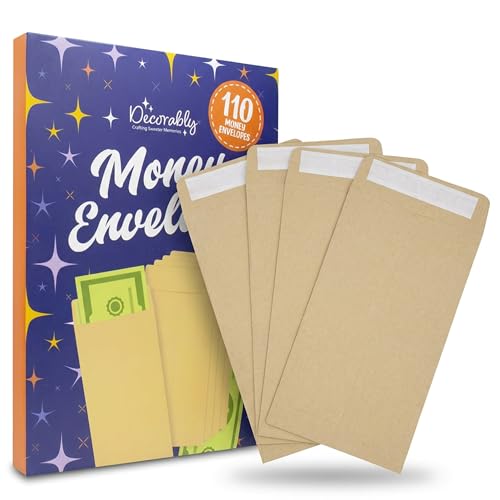 Decorably 110 Pack Kraft Small Envelopes for Money, 6.5 x 3.5in with Self-Adhesive, thick 100GSM, Coins, Tip, Gift, Trinkets, Small Items, Banking, Business, Jewelry - color: Brown