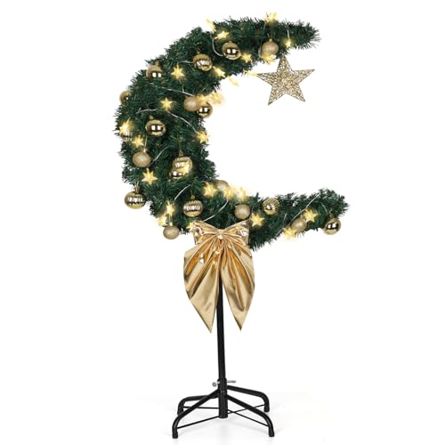 3 FT Eid Ramadan Moon Tree, Lighted Crescent Artificial Tree with LED Star String, Garden Decor Outdoor Lights,Islamic Decoration for Garden, Indoor, Home, Party Decor(Green) - color: Green