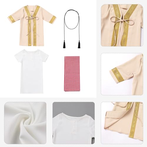 Muslim Clothes for Baby Boy Arabian Robe Plaid Turban Scarf Eid Ramadan Dubai Attire Infant Abaya Saudi Kaftan Kurta - color: Beige, size: 3-6 Months