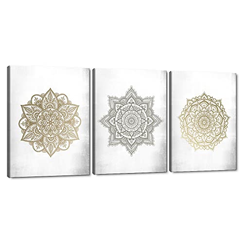 MAMAGO Canvas Wall Art Gold Mandala Painting 3 Panels Boho Pictures Modern Grey Flowers Gray Floral Posters and Prints Artwork Yoga Spa Bohemian Home Decorations Framed Ready to Hang - 12"x16"x3pcs - color: Style_05, size: 12" x 16" x 3Panels