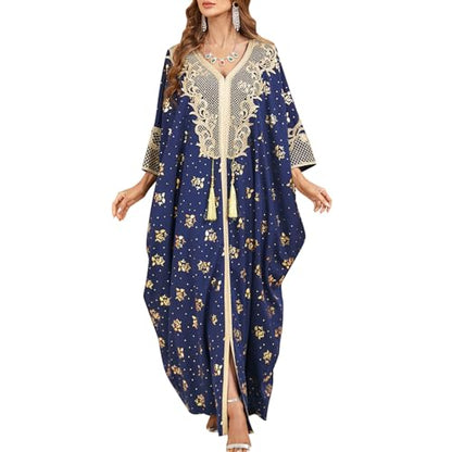 ODIZLI Muslim Abaya for Women Long Dresses Dubai Pendant Bat Sleeves Turkey African Caftan Vest - color: Blue
