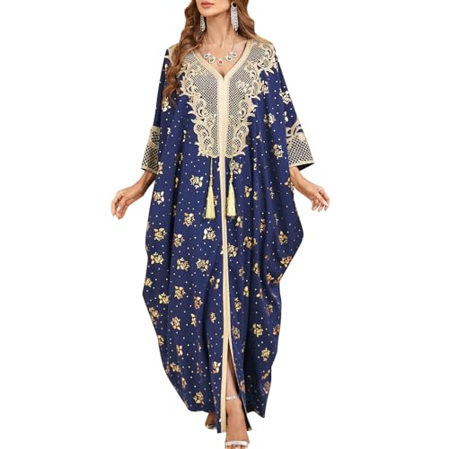 ODIZLI Muslim Abaya for Women Long Dresses Dubai Pendant Bat Sleeves Turkey African Caftan Vest - color: Blue
