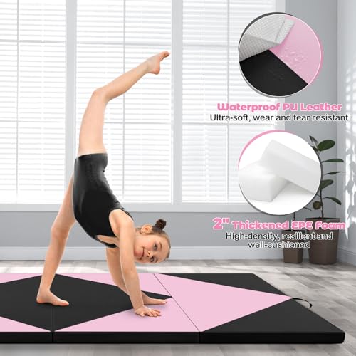 Giantex 4'x8' Gymnastics Mat, 2" Thick Folding Tumbling Mat with Carrying Handles, Foldable Gym Mat with Hook and Loop Fastener, Cheer Mats for Kids Adults Home Exercise Aerobics Fitness - color: Light Pink/Black