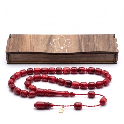 Saul Handmade 33 Beads Tasbih, Amber Phenolic Resin Islamic Prayer Beads with System Tassel, Pointed Capsule Cut Misbaha in Wooden Gift Box - color: Marbled Oxblood