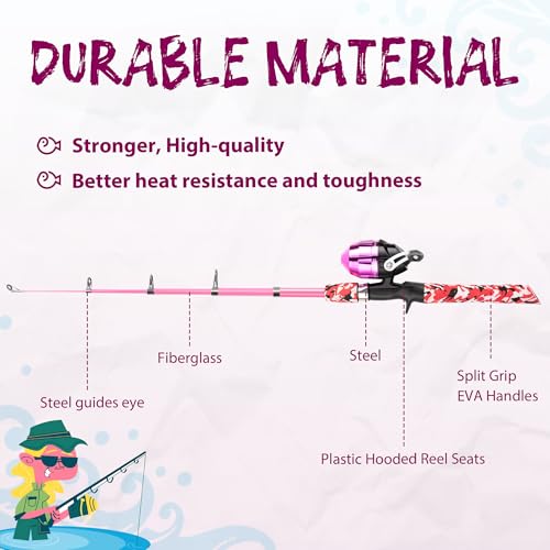 WIDDEN Kids Fishing Pole, Portable Telescopic Kids Fishing Poles for Boys and Girls, Fishing Rod and Reel Combo Kit with Tackle Box, and Fishing Net, Best Fishing Pole for Toddler Youth - color: PINK