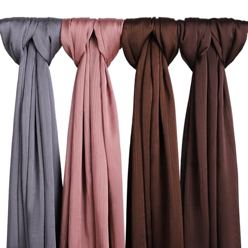 Febfim 4PCS Muslim Women Natural Wrinkle Long Satin Crepe Hijab Set Scarves Smooth Crinkle Ladies Shawl Wrap Set - color: Color 5