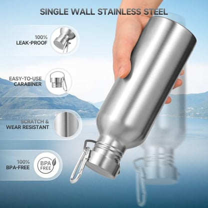 Volhoply 32oz Uninsulated Single Walled Water Bottle, Stainless Steel Sports Water Bottles with Handle, BPA Free Lightweight Water Bottles for Hiking, Biking, Running（Silver,1） - color: silver