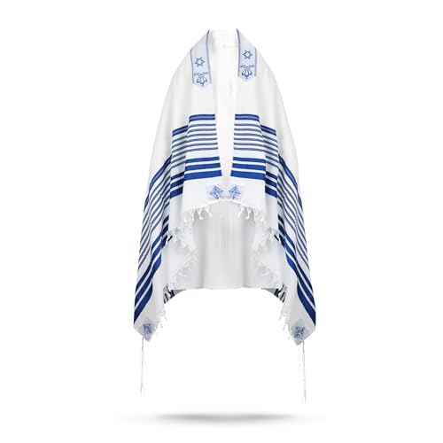 Full Size Tallit Prayer Shawl, Hand-Tied Tzitzit in Israel by a Jewish Craftsman, Blessing On Neckband - color: Blue & Silver, size: Size 55 - 72 x 52 Inch