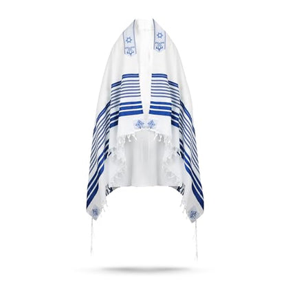 Full Size Tallit Prayer Shawl, Hand-Tied Tzitzit in Israel by a Jewish Craftsman, Blessing On Neckband - color: Blue & Silver, size: Size 55 - 72 x 52 Inch