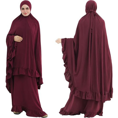 2PCS Abayas for Women Muslim Dress Ruffled Hem Modest Prayer Robe Full Coverage Modest Jilbab Set - color: Wine Red, size: Medium
