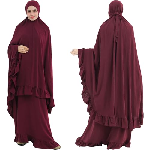 2PCS Abayas for Women Muslim Dress Ruffled Hem Modest Prayer Robe Full Coverage Modest Jilbab Set - color: Wine Red, size: Large