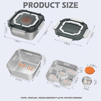 Salad Container for Lunch: 64oz Salad Bowl with Included Spork, 4-Section Bento Tray & Sauce Pot - color: White