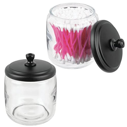 mDesign Small Apothecary Organizer Canister Jars - Glass Containers with Steel Lid for Bathroom, Organization Holder for Vanity, Counter, Hamill Collection - 2 Pack - Clear/Black