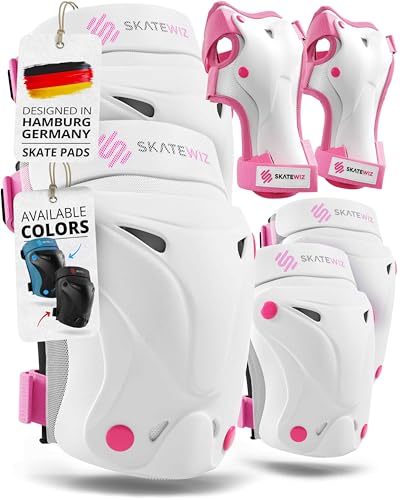 SKATEWIZ Knee and Elbow Pads Adult - Skating Protective Gear - PROTECT-1 - Size L Pink White - Wrist Guards Skating Pads, Skateboard, Roller Skate, Ice Skates For Women - color: Pink-White, size: L - Teens and Adults