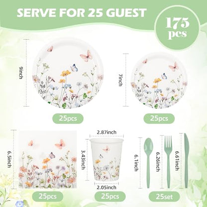175 Pcs Wildflower Paper Plates and Napkins for 25 Guests | Spring Summer Floral Arrangements Party Tableware for Baby Shower Wedding Birthday Garden Tea Party Supplies - color: Wildflower