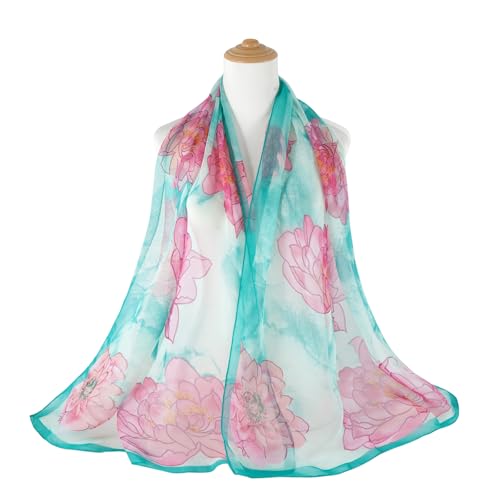 E-Clover Women Soft Floral Print Shawl Chiffon Sheer Scarf - color: Teal Pink-01